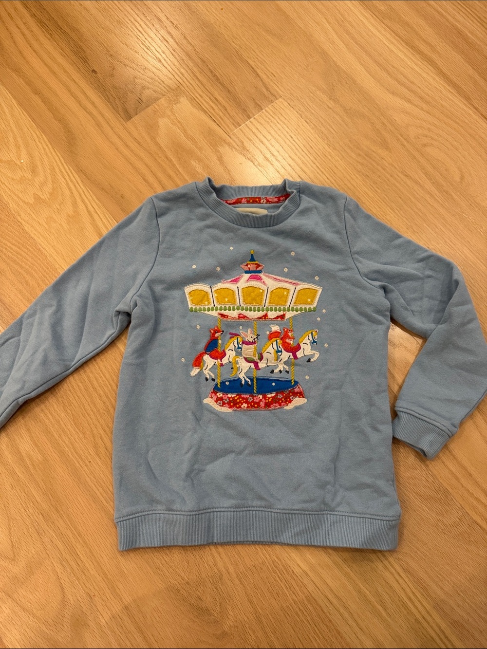 Mini Boden | Light Blue Carousel Sweatshirt with Colorful Horse Motif